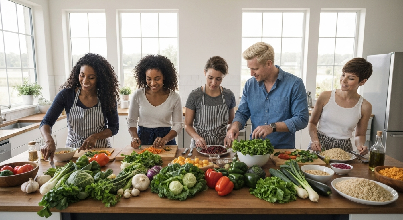 Adults preparing plant-based meals