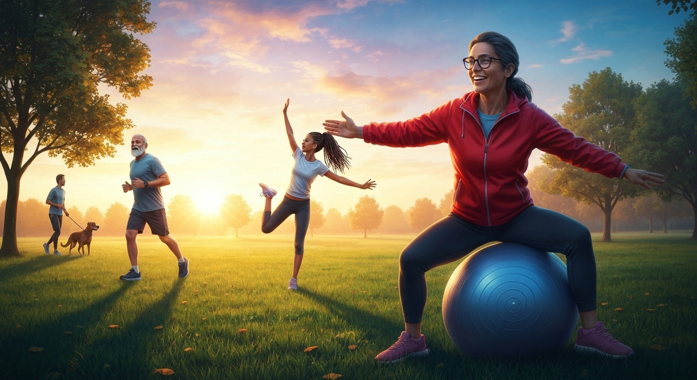 Adults exercising in park together