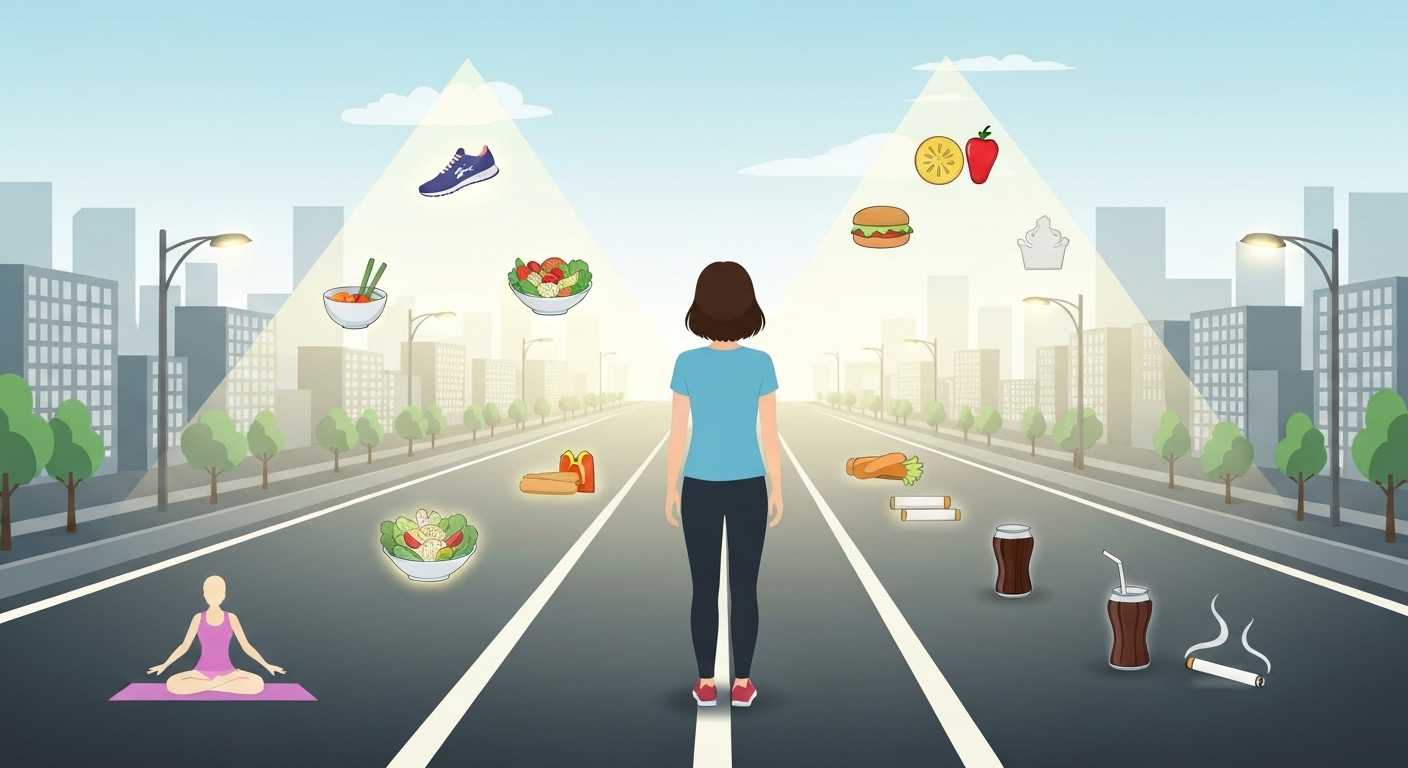 Person at a crossroads of health