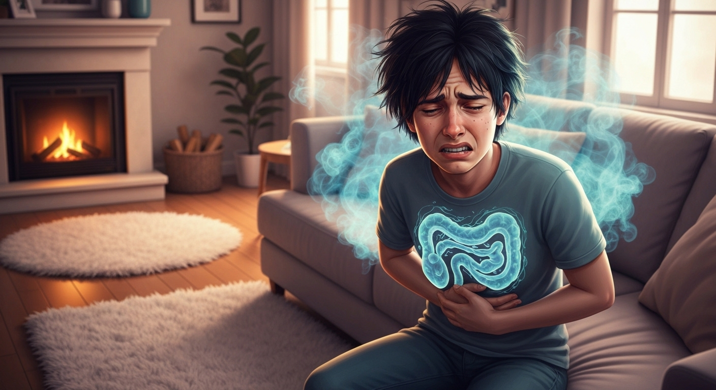 Person with gut discomfort on couch