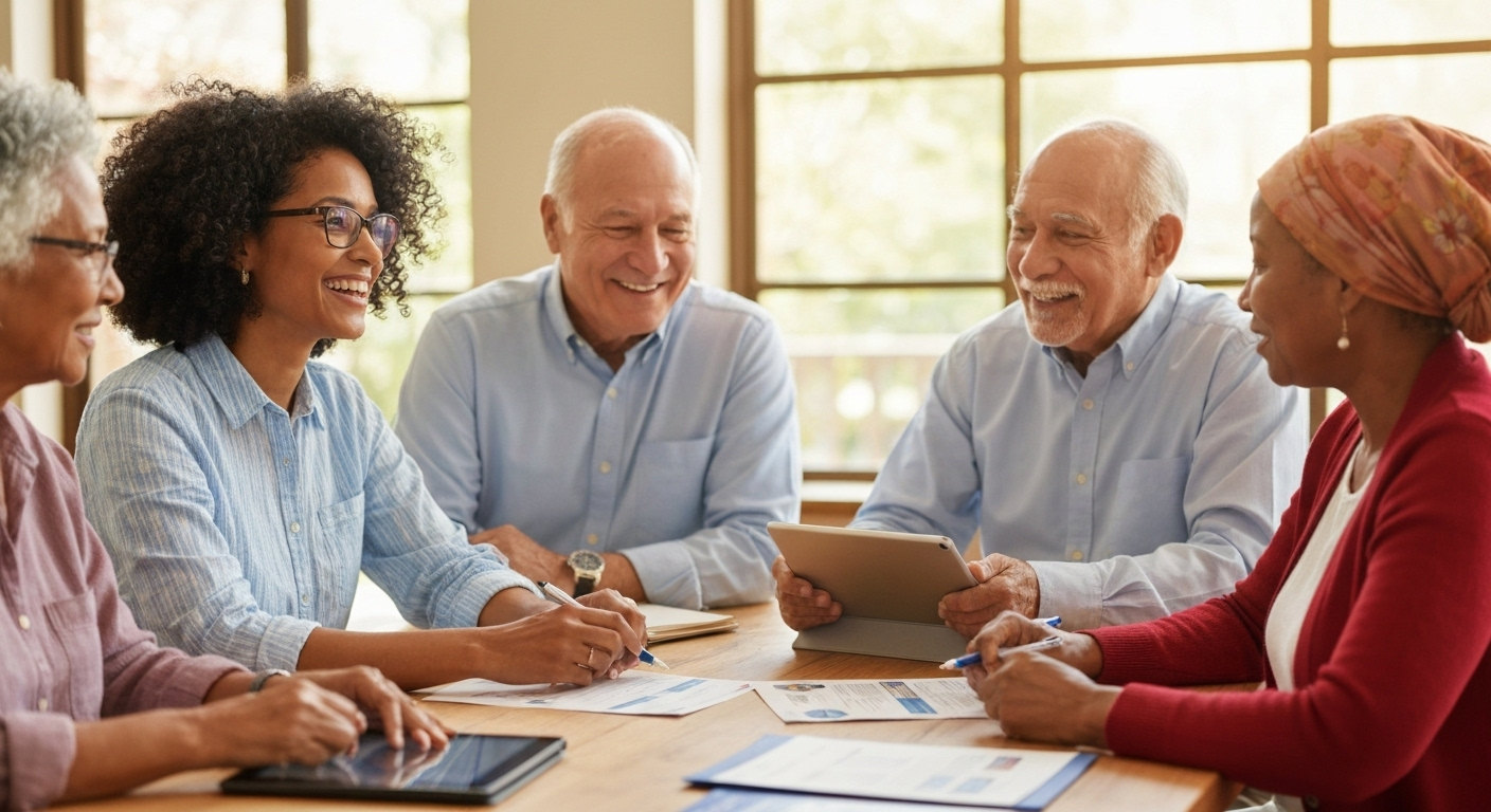 Seniors discussing Medicare plans together