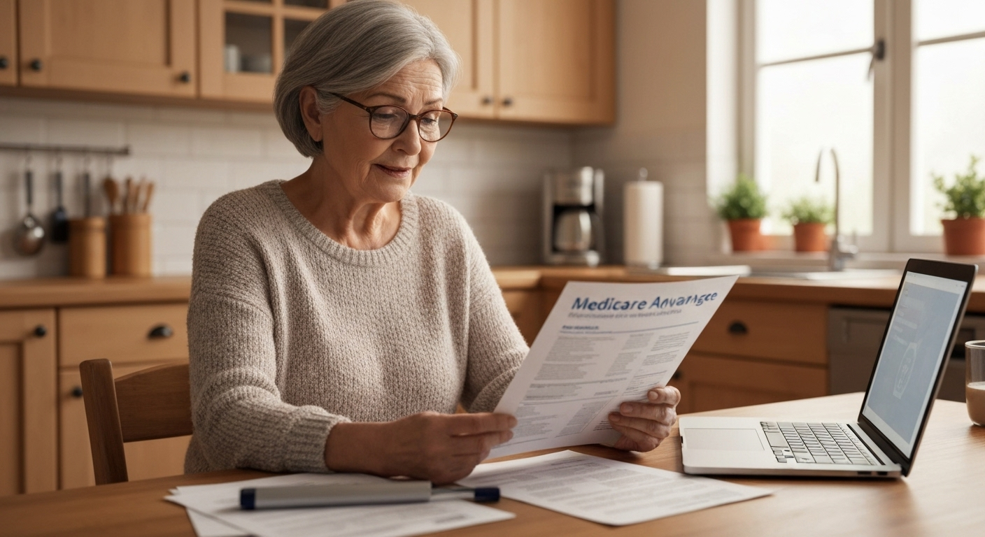 Senior checking Medicare plan paperwork