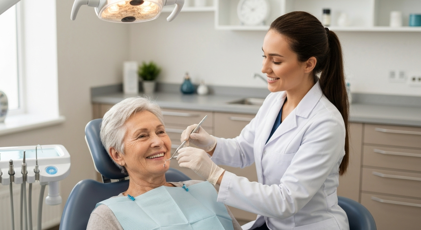 Senior in dental chair smiling