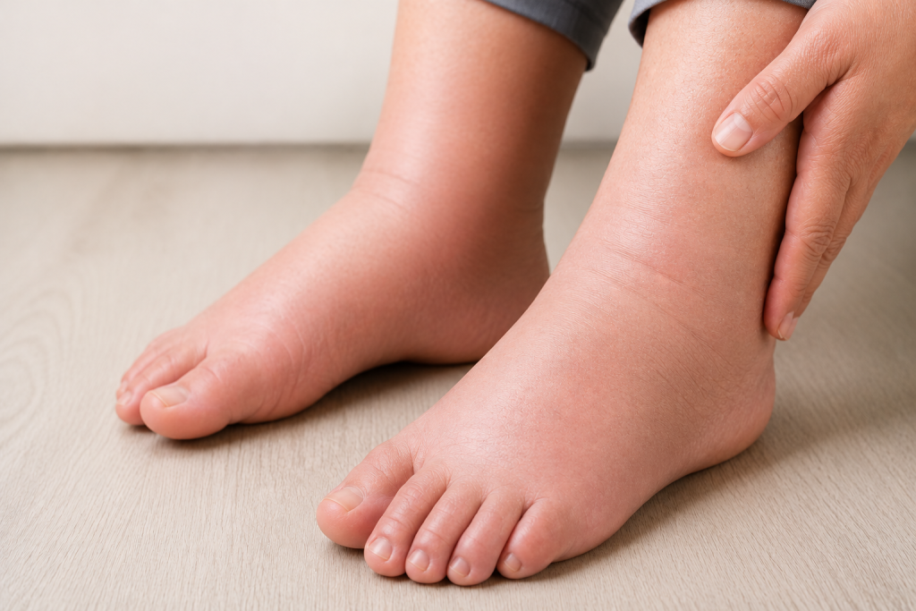Close-up of swollen feet and ankle edema in a diabetic patient