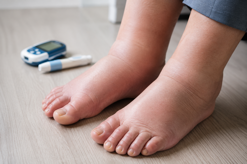 Swollen feet and ankles in a person with diabetes