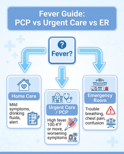 Fever guide decision chart showing when to choose home care, PCP, urgent care, or the ER based on fever symptoms