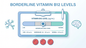Borderline vitamin B12 levels chart showing low, gray zone, and normal ranges with nerve, brain, and red blood cell icons