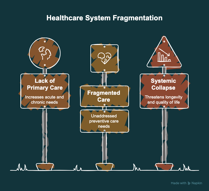 Diagram showing how fragmented care leads to systemic collapse without a primary care physician