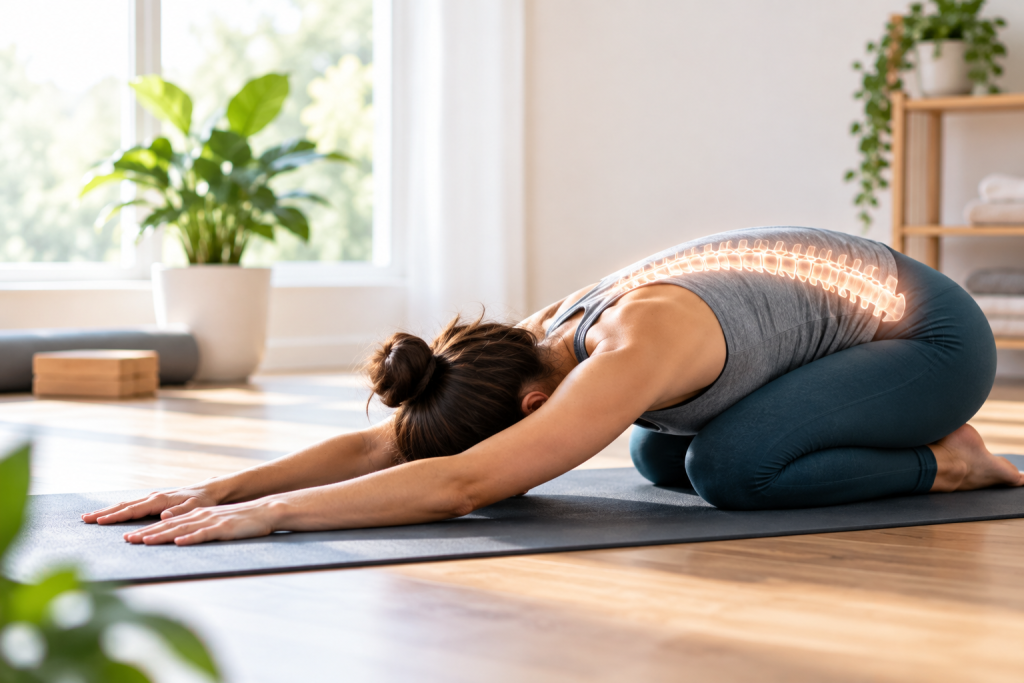 Woman performing a gentle spinal decompression stretch at home