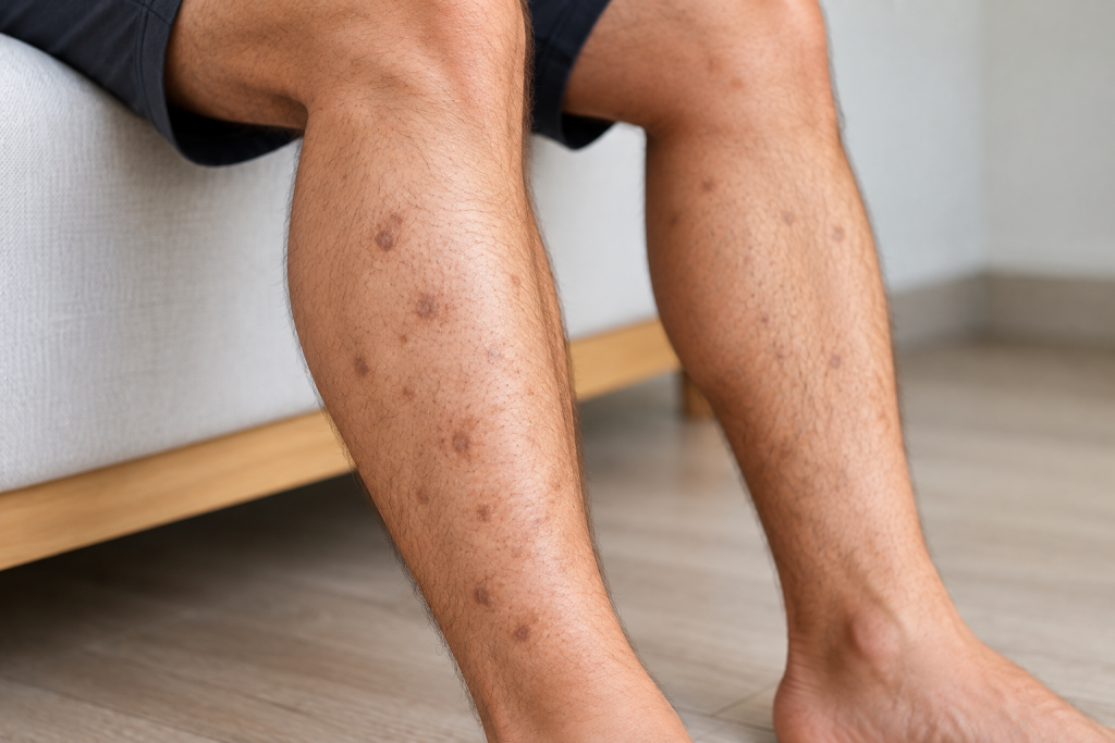Dark spots and brown marks on a man's legs