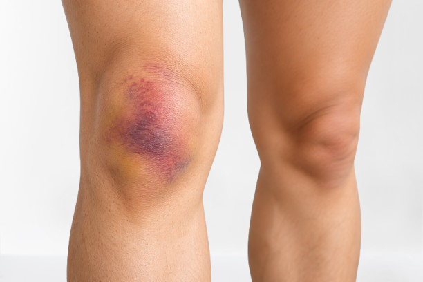 Knee contusion with bruising and swelling after an injury